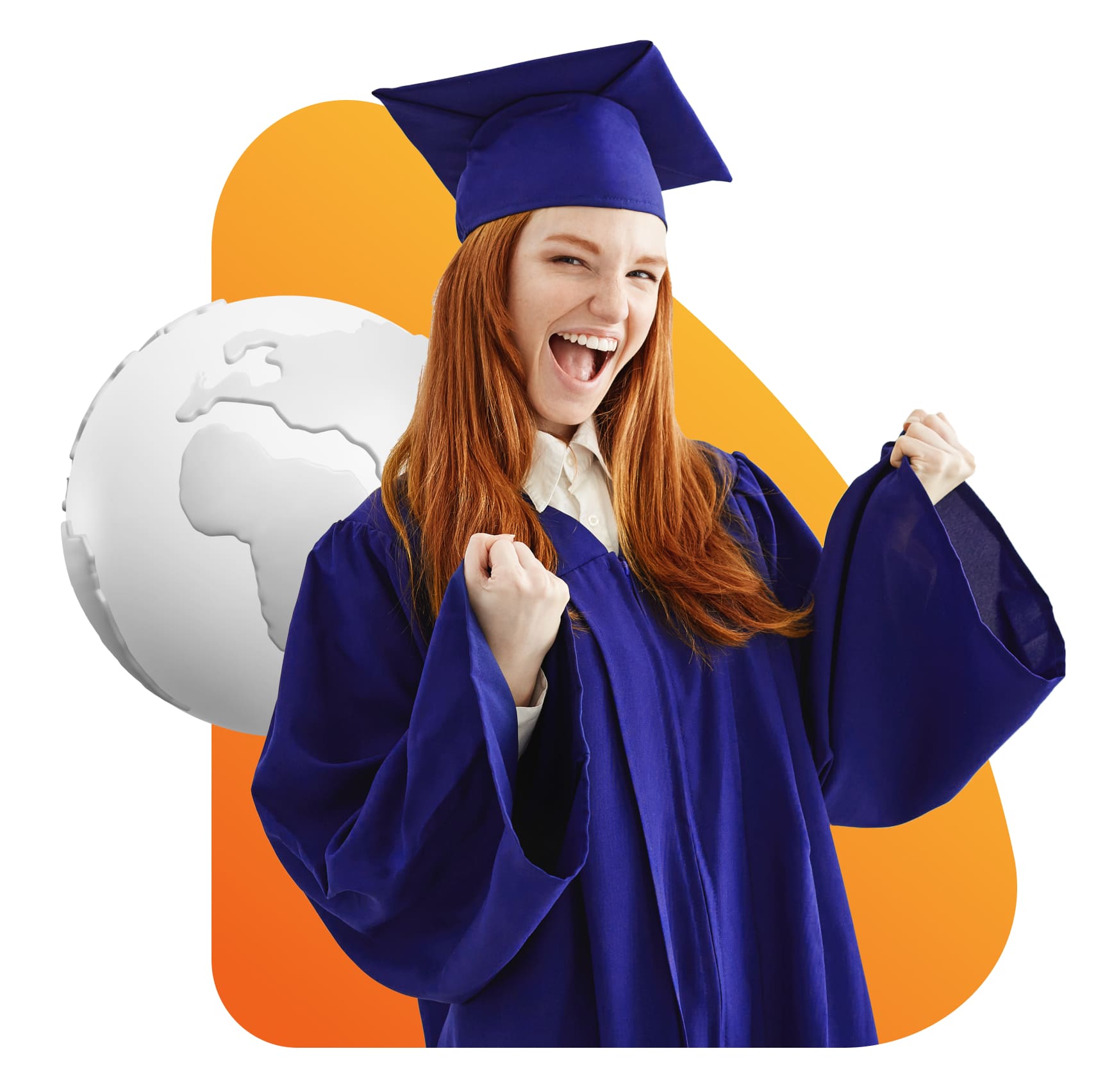 A woman in a graduation gown joyfully raises her hands in celebration of her academic achievement.