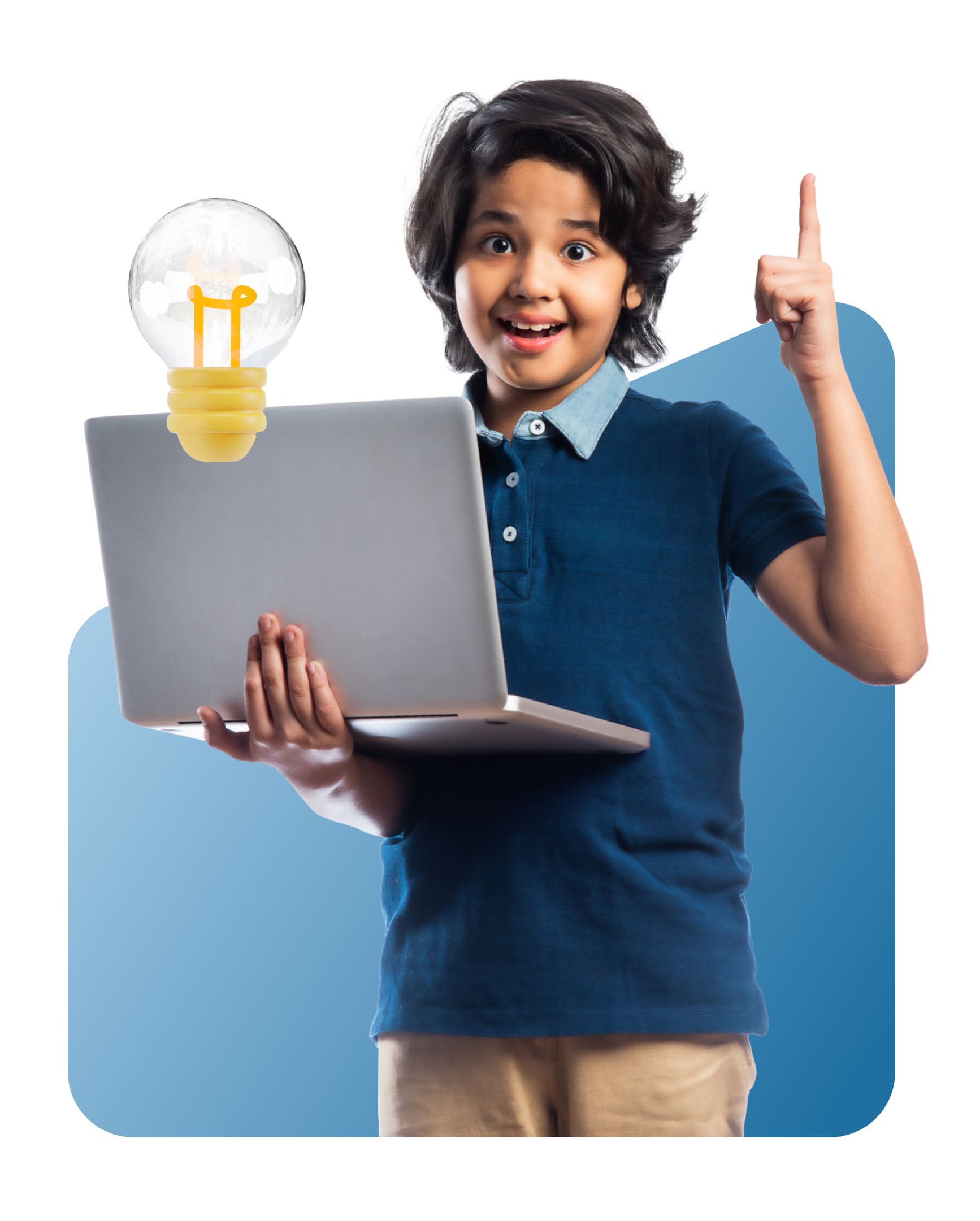 A boy holds a laptop, with a glowing idea bulb hovering above, symbolizing creativity and innovation.