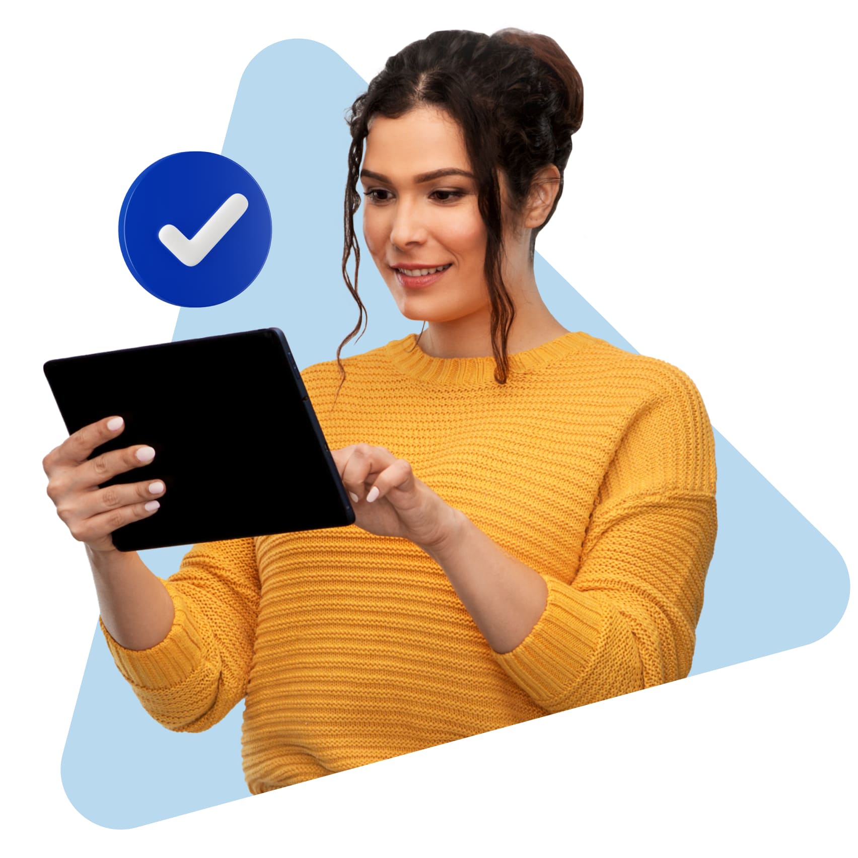 A woman confidently holds a tablet displaying a prominent check mark, symbolizing success or completion.