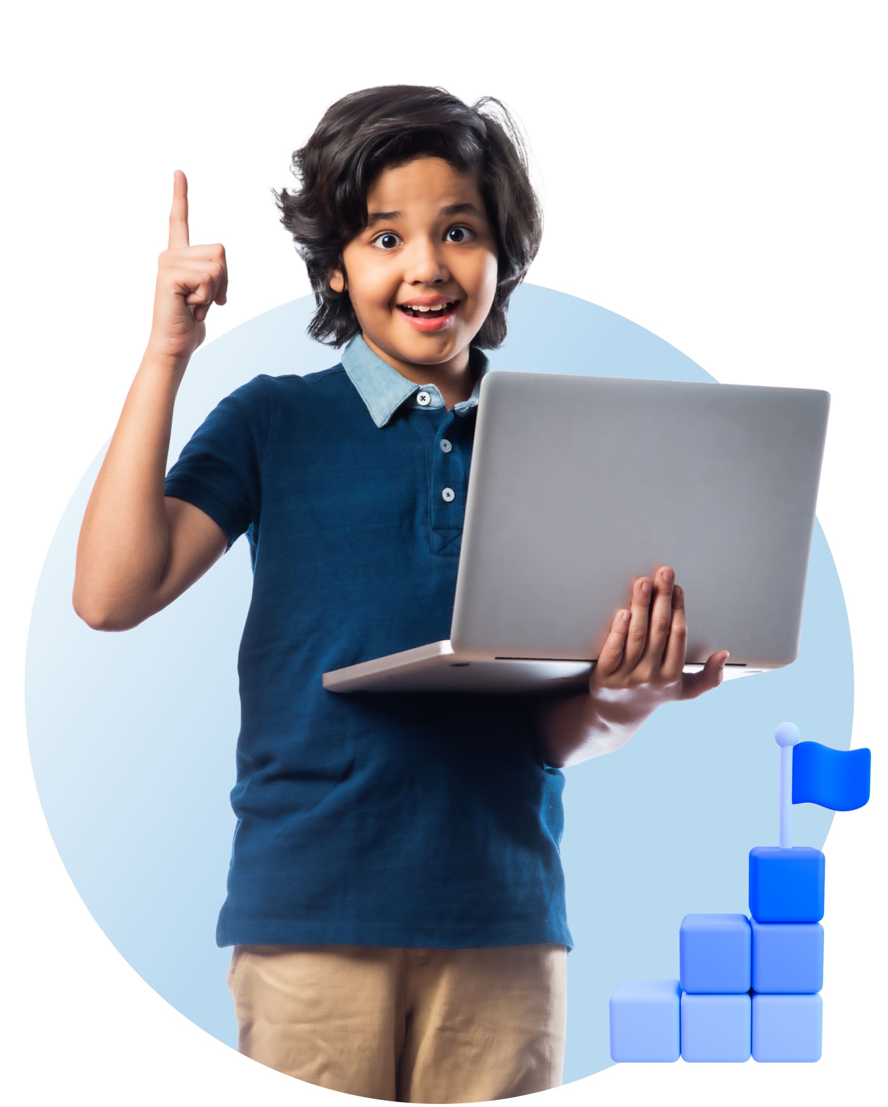 A young boy holds a laptop in one hand while pointing upwards with his other hand, showcasing enthusiasm and curiosity.