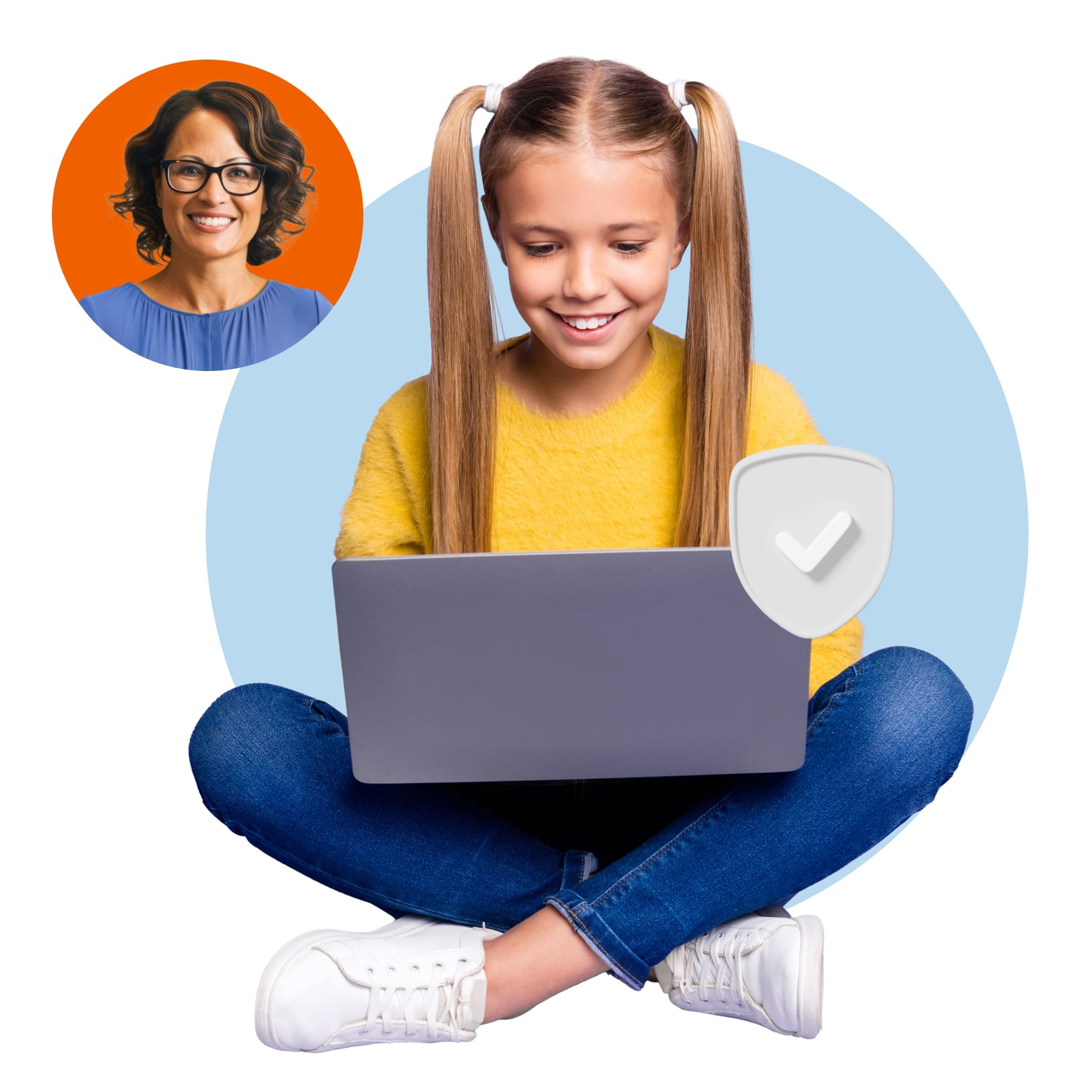 A girl sits on the floor, focused on her laptop, while holding a shield beside her, symbolizing strength and determination.