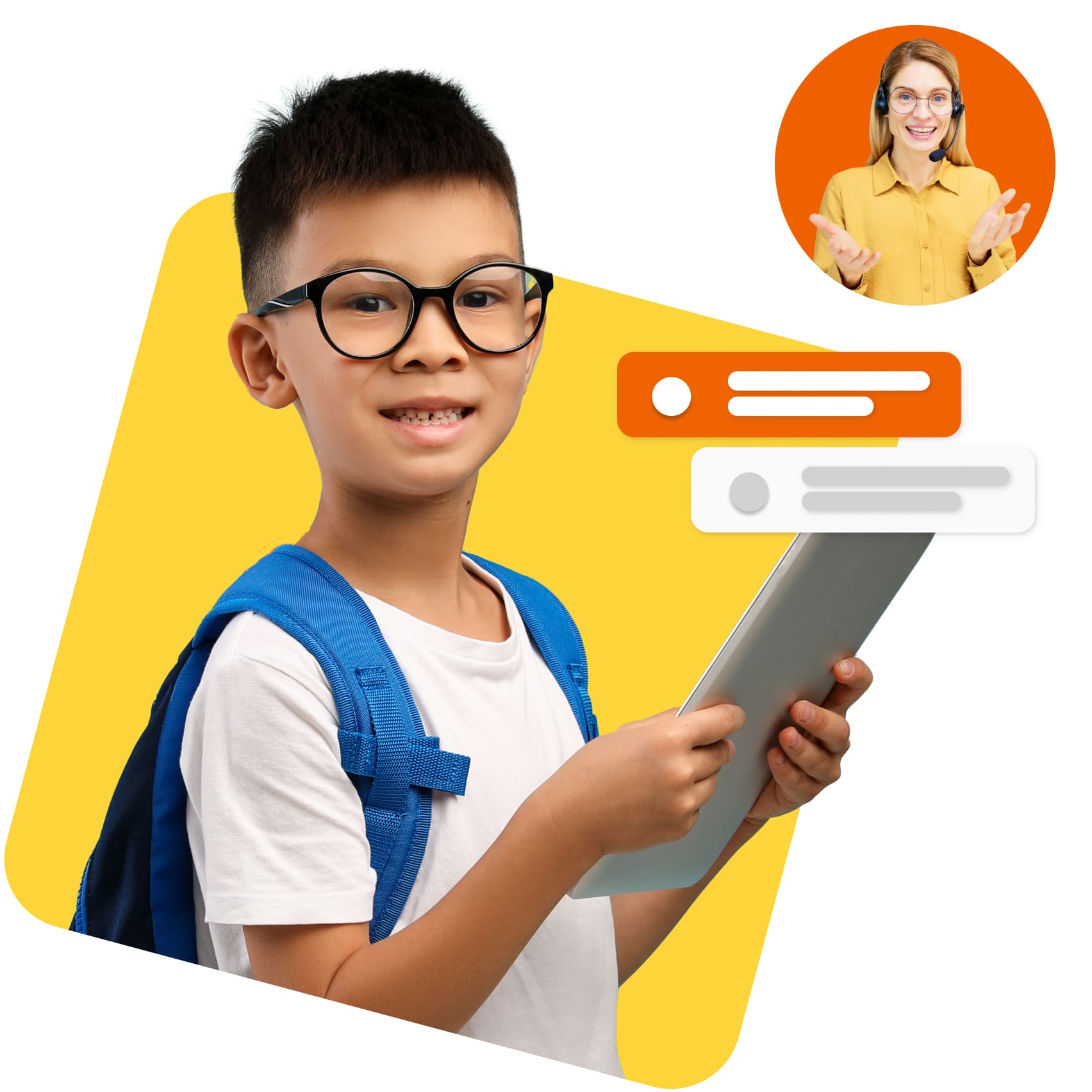 A smiling boy with glasses is holding a tablet, showcasing a joyful expression while engaging with the device.