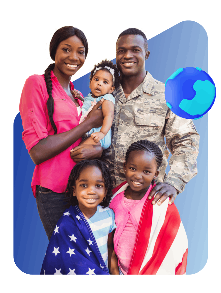 A family proudly displays an American flag alongside a globe, symbolizing unity and global awareness.