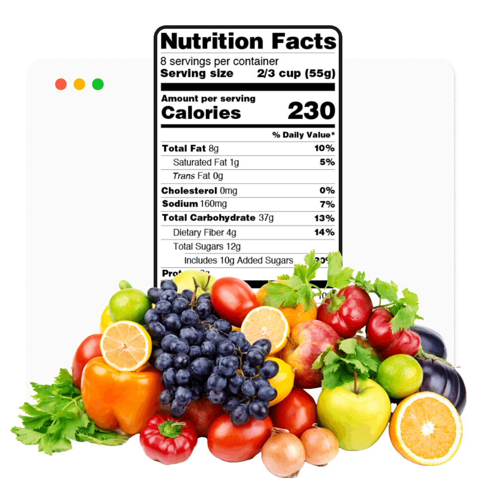 Nutrition label featuring a variety of colorful fruits and vegetables, highlighting their nutritional values and benefits.