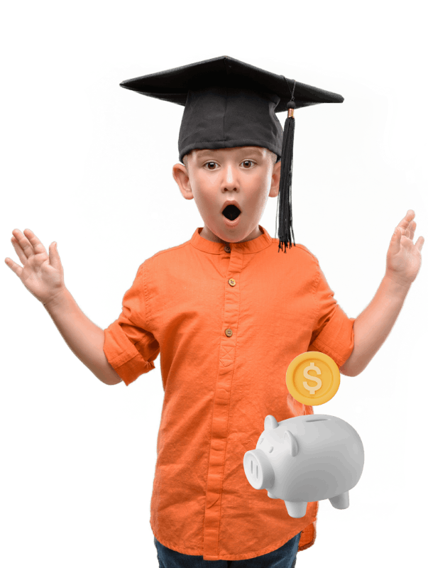 A boy in an orange graduation cap proudly holds a piggy bank while displaying a dollar coin.