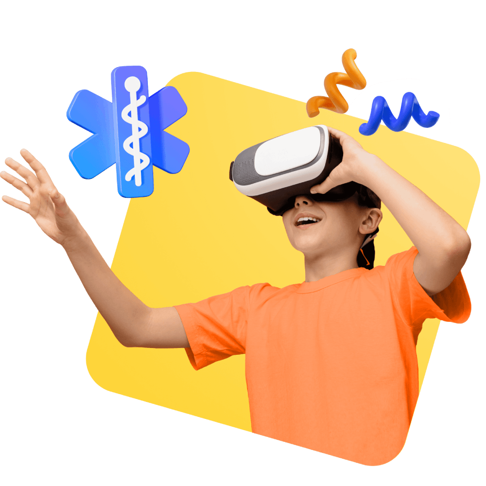 A young boy immersed in a virtual reality experience, wearing a headset and engaging with a digital environment.