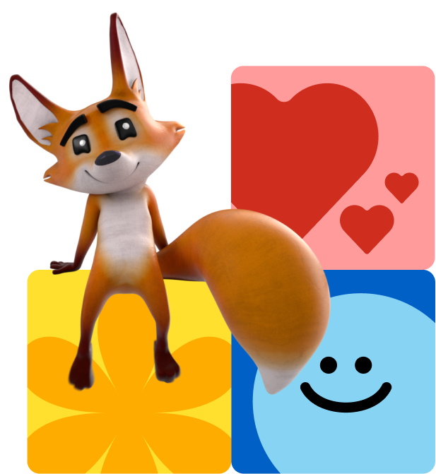 A cartoon fox with a large tail sits against a backdrop of colorful squares. The squares feature a red heart, pink hearts, a yellow flower, and a blue smiley face.