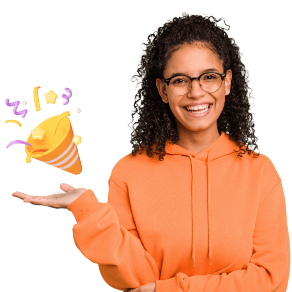 A woman joyfully holds a cone filled with colorful confetti, surrounded by a shower of vibrant confetti in the air.