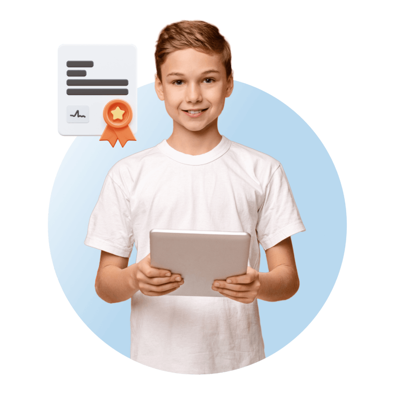 A young boy proudly holds a tablet displaying a certificate, showcasing his achievement and enthusiasm.