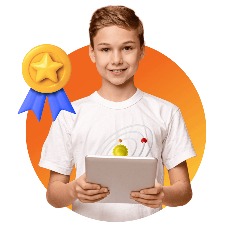 A young boy proudly holds a tablet displaying an award, showcasing his achievement and joy.