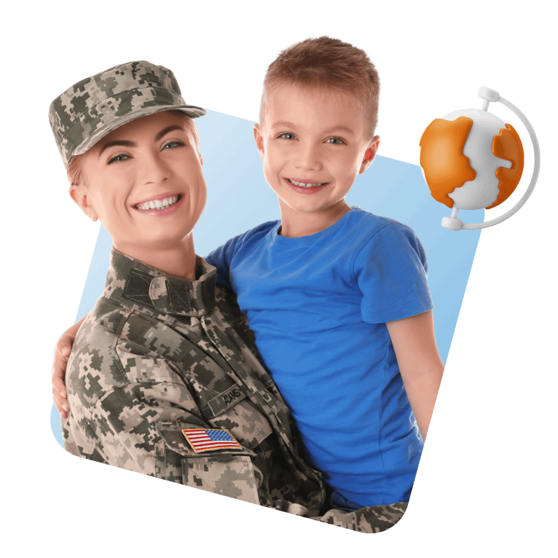 A woman in military uniform gently holds a child, symbolizing strength and nurturing in a moment of connection.