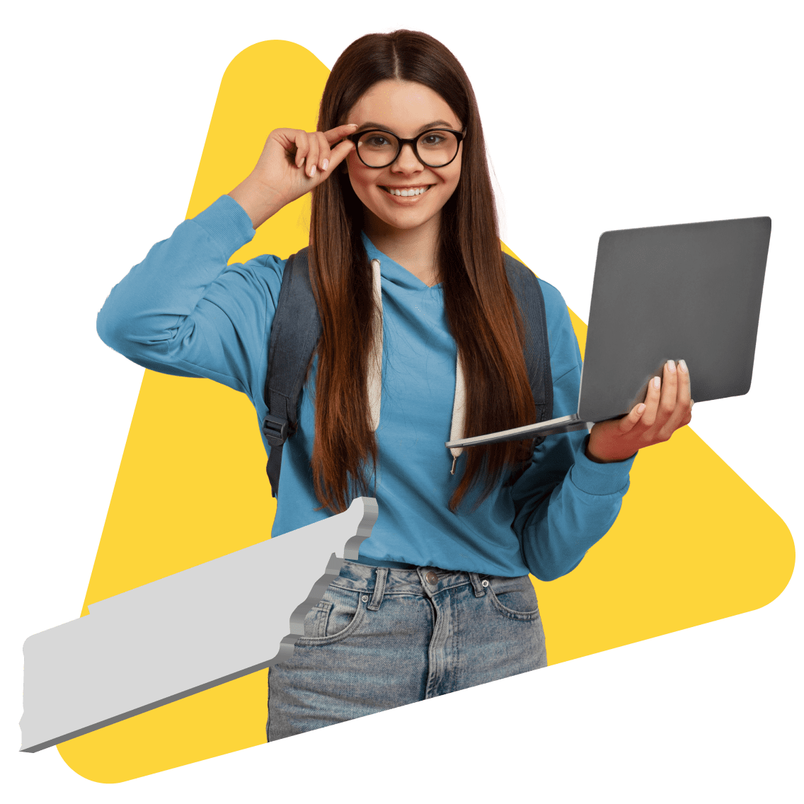 A woman holding a laptop in one hand and glasses in the other, focused and engaged in her work.