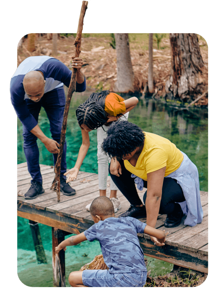 A family stands on a dock, gazing at a tree in the distance, surrounded by water and nature's beauty.