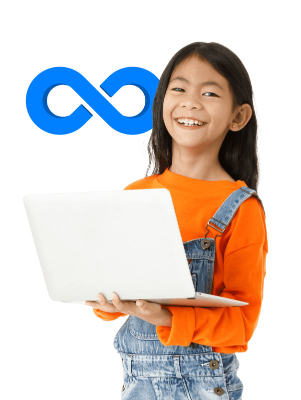 A girl holds a laptop displaying an infinity symbol, symbolizing endless possibilities and creativity.