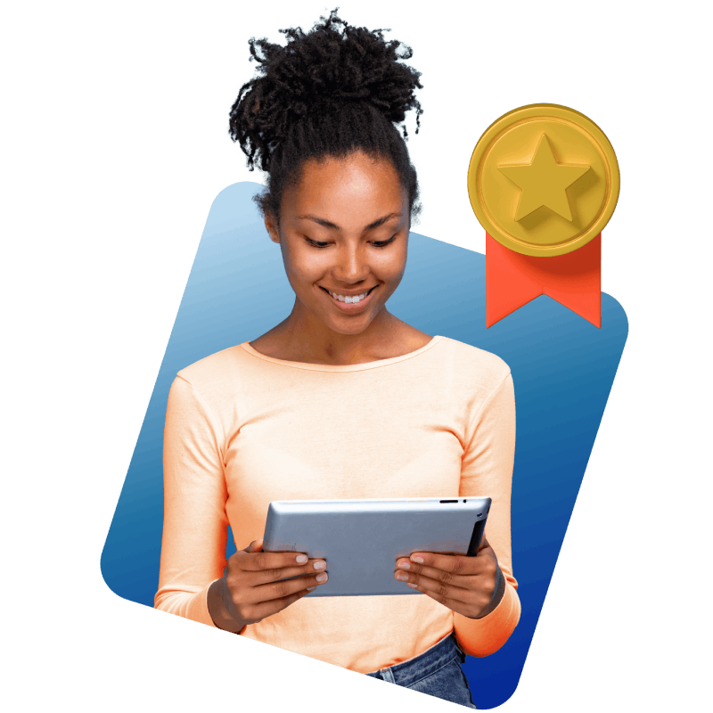 A woman showcases a gold medal on her tablet, representing her hard work and dedication to reaching her goals.